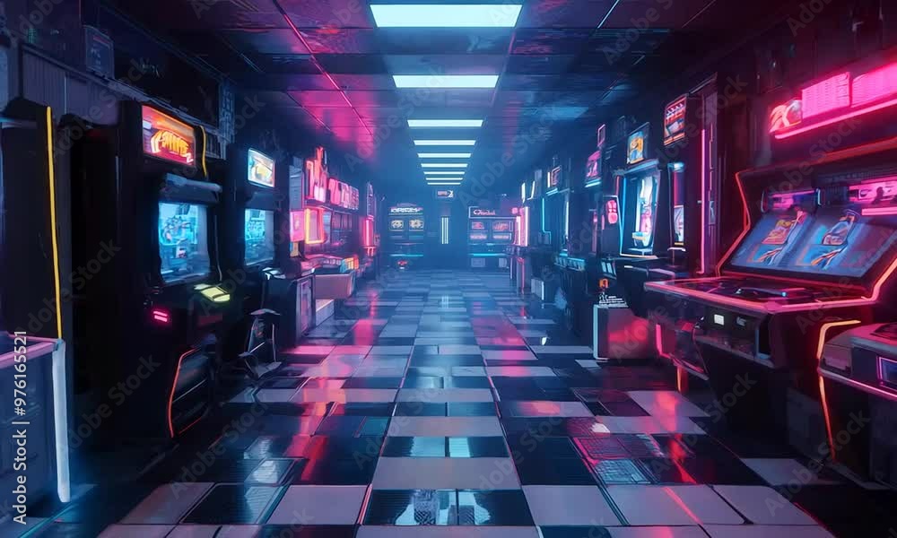 Glowing Neon Arcade Room with Digital Grids, Retro Consoles, and Futuristic Vaporwave Aesthetic Glowing Neon Arcade Room with Digital Grids, Retro Consoles, and Futuristic Vaporwave Aesthetic