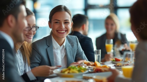 Group of professionals enjoying breakfast at a modern restaurant