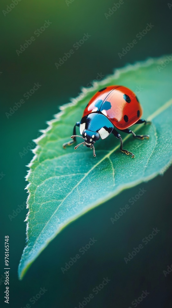 Ladybug walking on green leaf in summertime Ladybug walking on green leaf in summertime