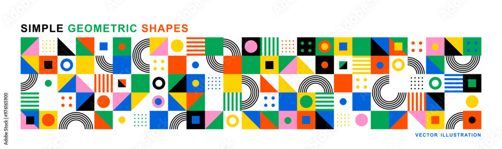 Abstract modern background with geometric shapes. Squares, circles, triangles, stripes. Bauhaus style. Set with graphic elements. Seamless pattern. Design in minimal flat style. Vector illustration. Abstract modern background with geometric shapes. Squares, circles, triangles, stripes. Bauhaus style. Set with graphic elements. Seamless pattern. Design in minimal flat style. Vector illustration.