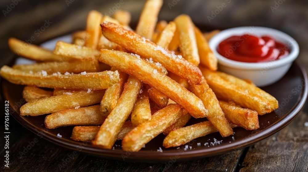 Plate of french fries with a side of ketchup on a wooden table. Plate of french fries with a side of ketchup on a wooden table.