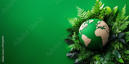 A 3D beautiful globe surrounded by lush green ferns on a vibrant green background, symbolizing nature and environmental sustainability.