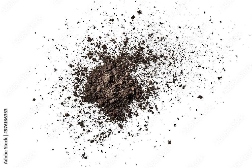 Dirt scattered, soil pile flying isolated on white background Dirt scattered, soil pile flying isolated on white background
