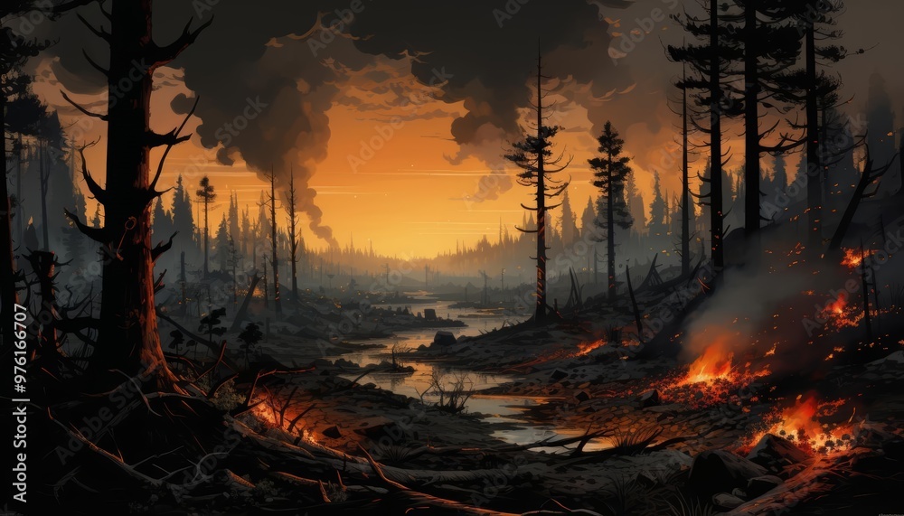 A somber illustration of a burned forest with new life sprouting from the ashes A somber illustration of a burned forest with new life sprouting from the ashes