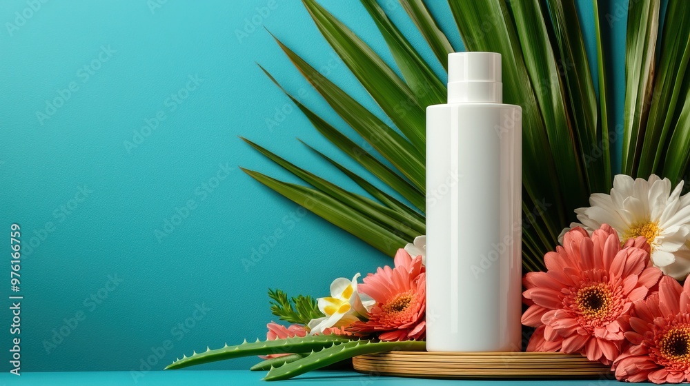 A minimalist product display featuring a white bottle surrounded by vibrant flowers and tropical leaves on a blue background. A minimalist product display featuring a white bottle surrounded by vibrant flowers and tropical leaves on a blue background.