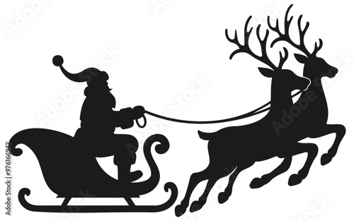 Santa Claus rides in a sleigh in harness on the reindeer