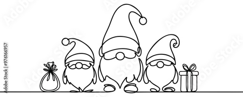 Christmas gnome with a gifts drawing by one continuous line, vector illustration