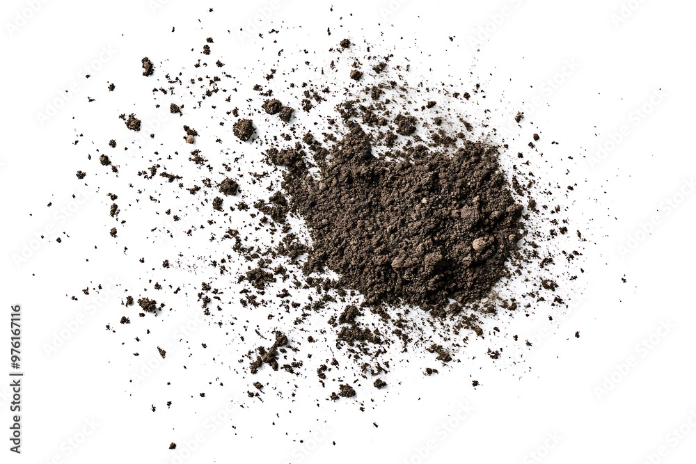Dirt scattered, soil pile flying isolated on white background Dirt scattered, soil pile flying isolated on white background