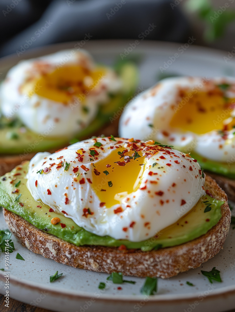 Close-up of avocado toast with poached egg and spices on a plate