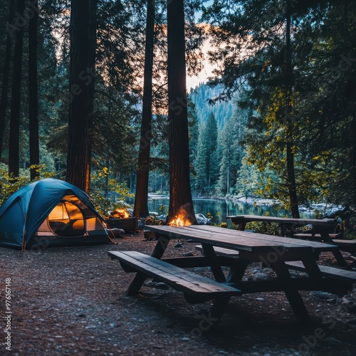 a tent in the woods with a fire pit