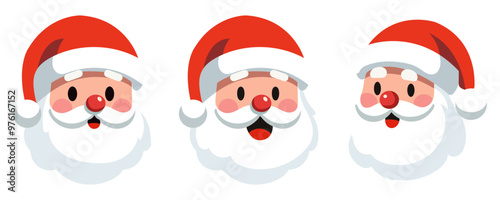Set of cartoon Santa Claus heads or face in flat style. Vector illustration