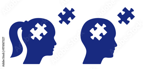 Man woman human heads with puzzle pieces. Brainstorming concept vector illustration jigsaw pieces. Businessman, businesswoman decision concept graphic.