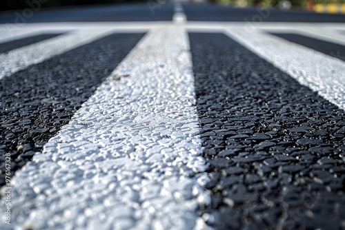 A detailed shot captures freshly painted white road markings on a dark asphalt road in an urban area, highlighting the clean and crisp appearance of the lines.