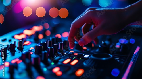 A close-up of a DJ mixing music with colorful lights and a focused hand on the mixer, creating an energetic atmosphere.