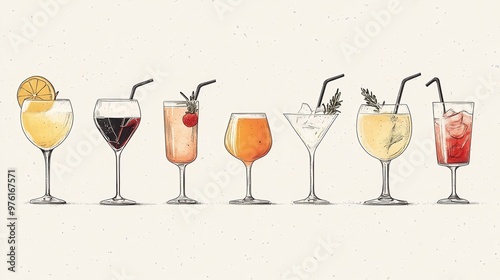 A minimalist collection showcases hand-drawn cocktails and beverages in a modern style