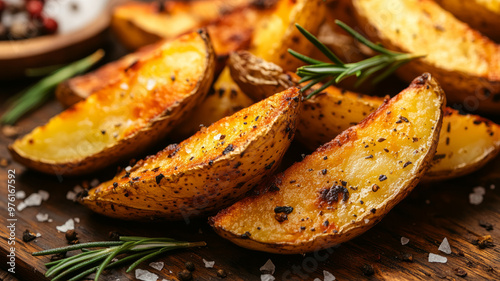 Crispy roasted potato wedges with rosemary and salt.