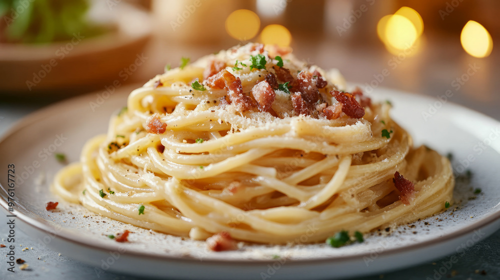 Close-up of creamy spaghetti carbonara on a white plate. Close-up of creamy spaghetti carbonara on a white plate.