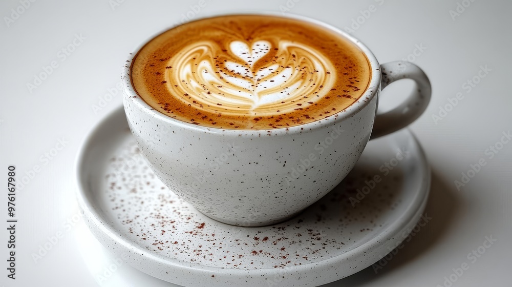 Steaming cup of coffee with latte art on white table Steaming cup of coffee with latte art on white table
