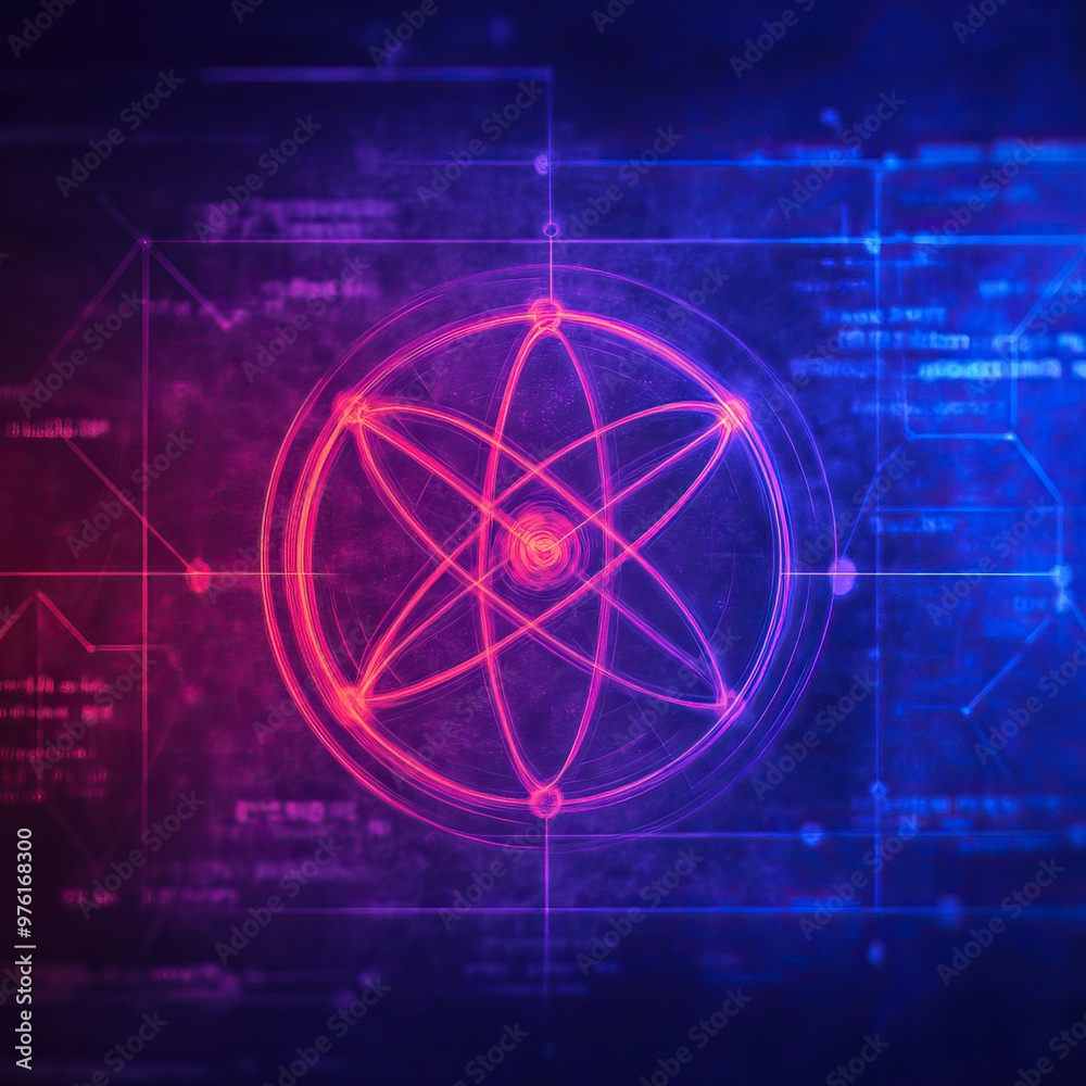 A vibrant digital representation of an atom, illustrating technology, science, and innovation with captivating neon colors. A vibrant digital representation of an atom, illustrating technology, science, and innovation with captivating neon colors.
