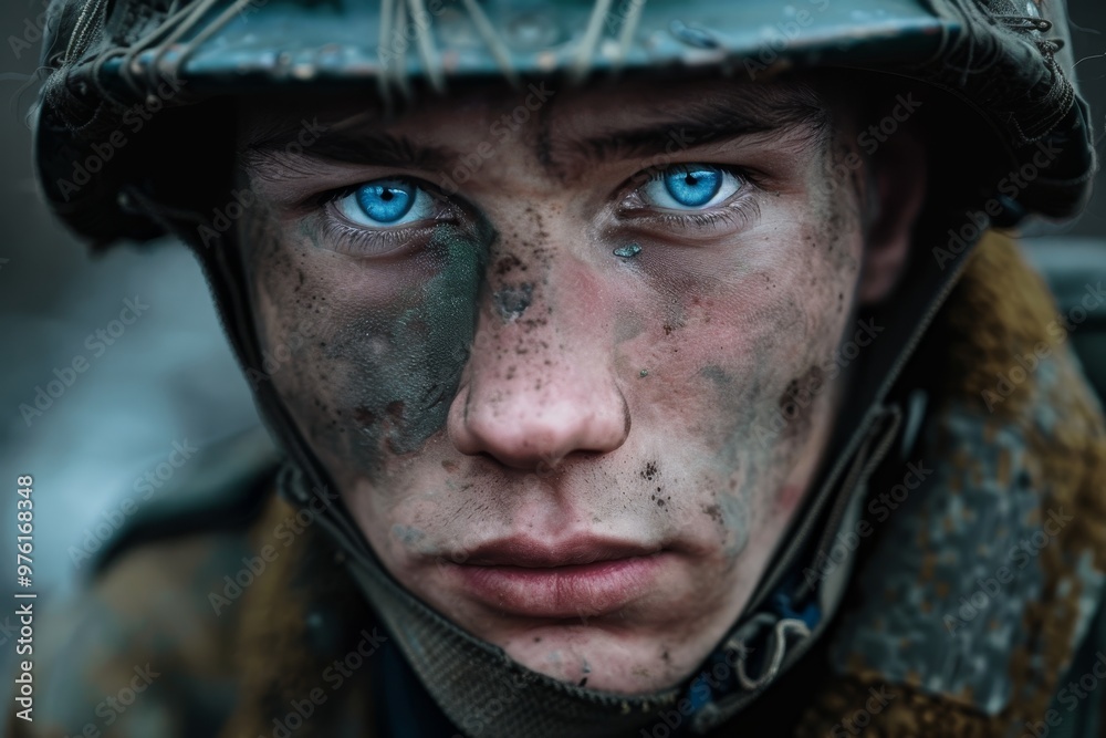 A young soldier gazes intently with blue eyes, his face smeared with dirt and grime, embodying the harsh realities of war in a challenging setting. A young soldier gazes intently with blue eyes, his face smeared with dirt and grime, embodying the harsh realities of war in a challenging setting.