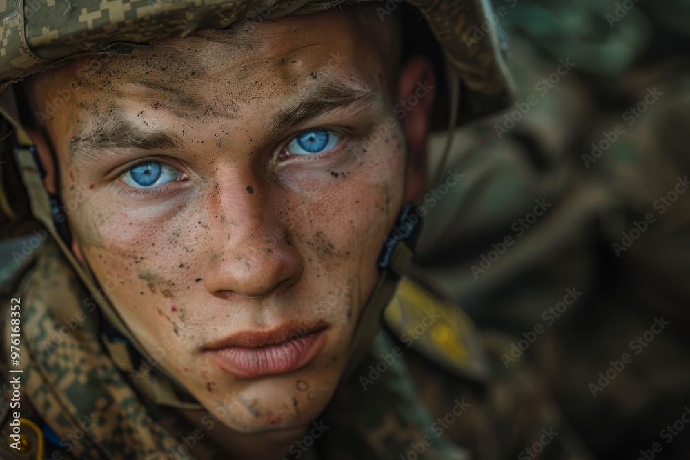 A young soldier exhales determination, with blue eyes glistening through dirt and grime accumulated during rigorous military training in the forest setting. A young soldier exhales determination, with blue eyes glistening through dirt and grime accumulated during rigorous military training in the forest setting.