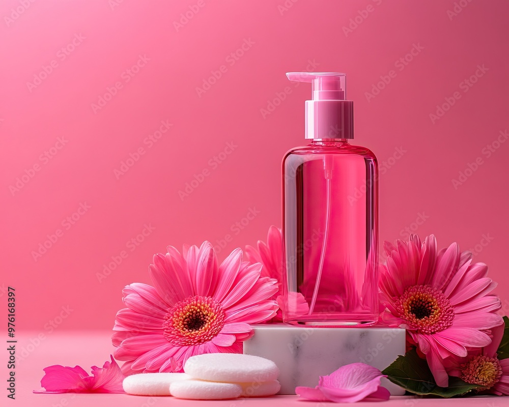 A vibrant pink bottle of lotion surrounded by fresh flowers and soap, creating a calming and beautiful skincare arrangement. A vibrant pink bottle of lotion surrounded by fresh flowers and soap, creating a calming and beautiful skincare arrangement.
