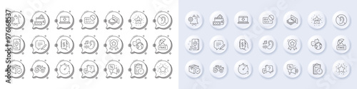 Atm money, No hearing and Ranking star line icons. White pin 3d buttons, chat bubbles icons. Pack of Vip star, Fake news, Parcel insurance icon. Exam time, Discounts offer, Place pictogram. Vector