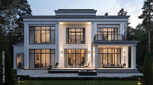 Modern white house with large windows and a patio.