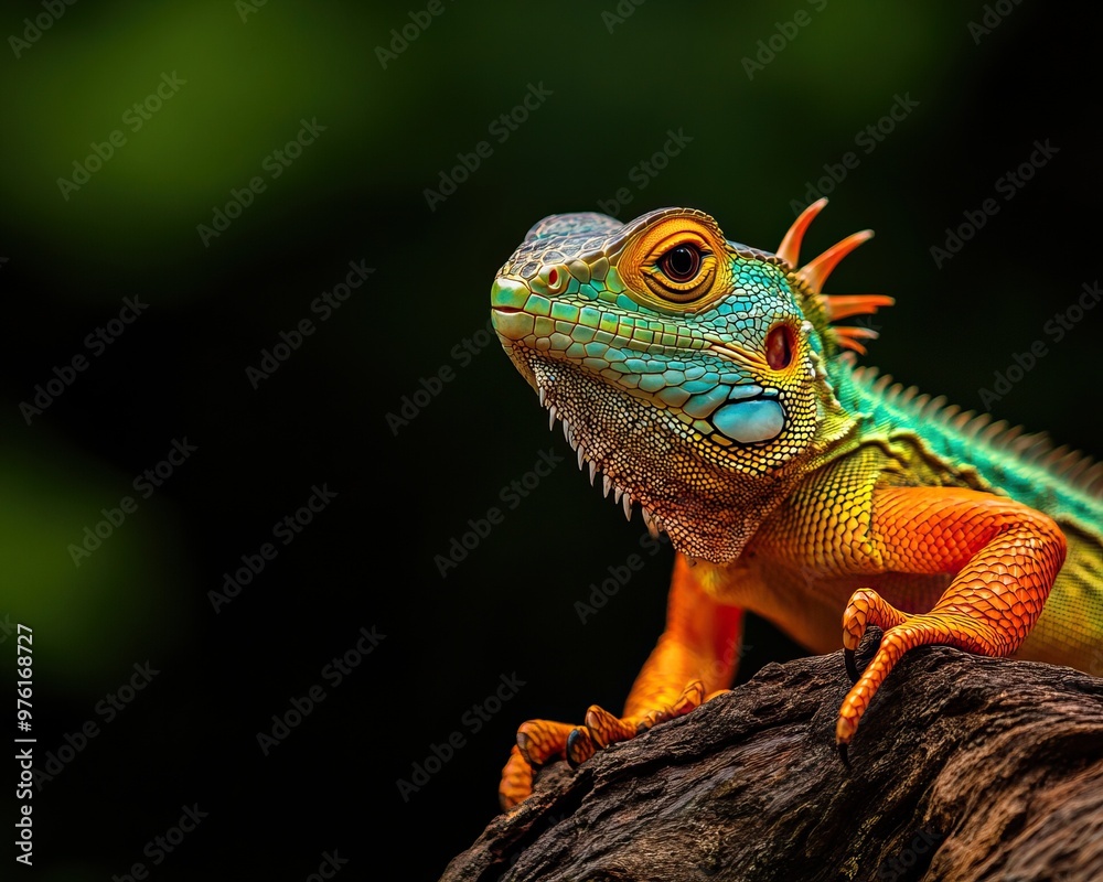 Colorful lizard perched on a log, showcasing vibrant scales and detailed features in a natural setting. Colorful lizard perched on a log, showcasing vibrant scales and detailed features in a natural setting.