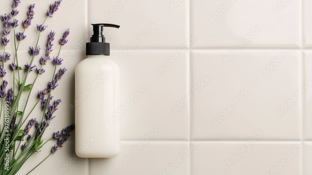 Elegant white lotion bottle beside fresh lavender on a clean tiled surface, perfect for beauty and wellness themes. Elegant white lotion bottle beside fresh lavender on a clean tiled surface, perfect for beauty and wellness themes.