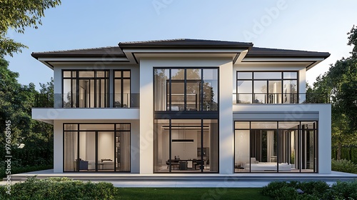 Modern white two-story house with large windows and a balcony overlooking a green lawn.