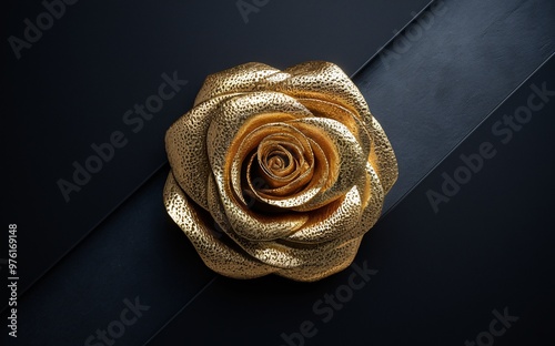 Generative-AI, Abstract Golden Rose with Metallic Texture Set Against a Deep Background photo