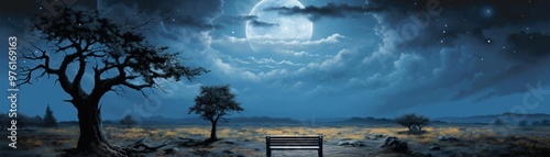 A somber illustration of a lone bench under a stormy blue sky photo