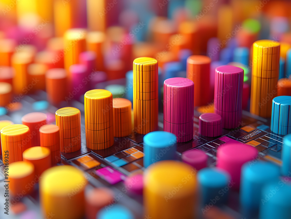 Obraz premium Abstract colorful cylinders on a grid background.