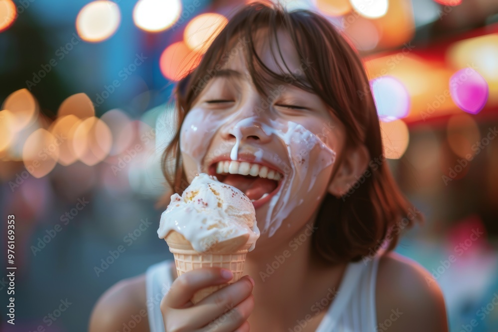 Relaxed and cheerful girl enjoys fresh meal bright sunlight. Vibrant smile cute asian girl face she eats her lunch outdoors. Celebrating vibrancy of youth cheerful candid dining scenes. Relaxed and cheerful girl enjoys fresh meal bright sunlight. Vibrant smile cute asian girl face she eats her lunch outdoors. Celebrating vibrancy of youth cheerful candid dining scenes.