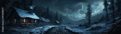 A somber illustration of a snowy path leading to a secluded cabin photo