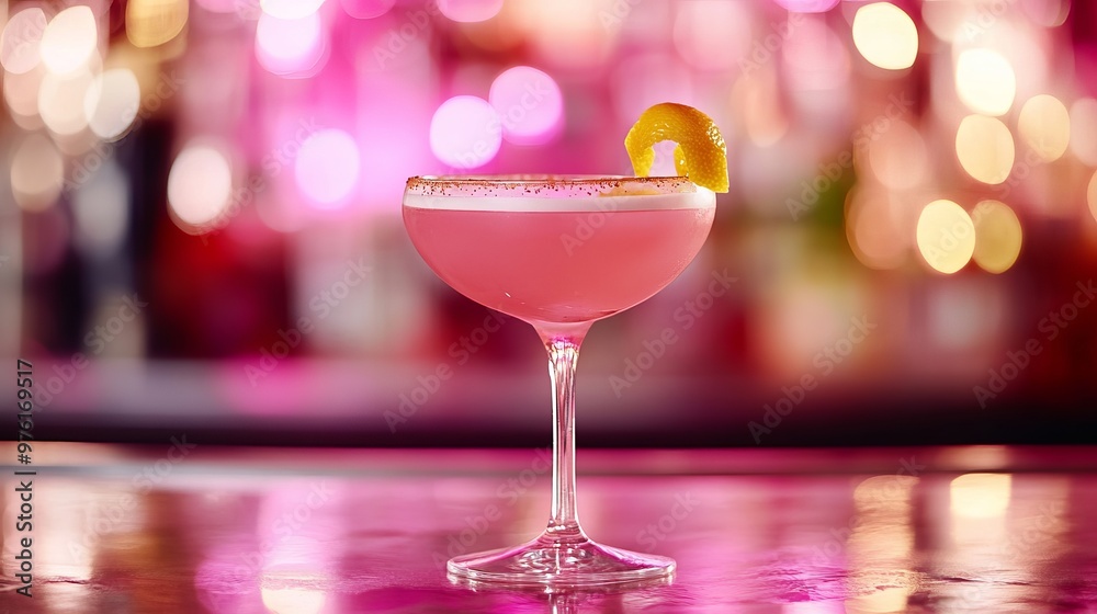 Pink cocktail standing on bar with sparkling lights in background Pink cocktail standing on bar with sparkling lights in background