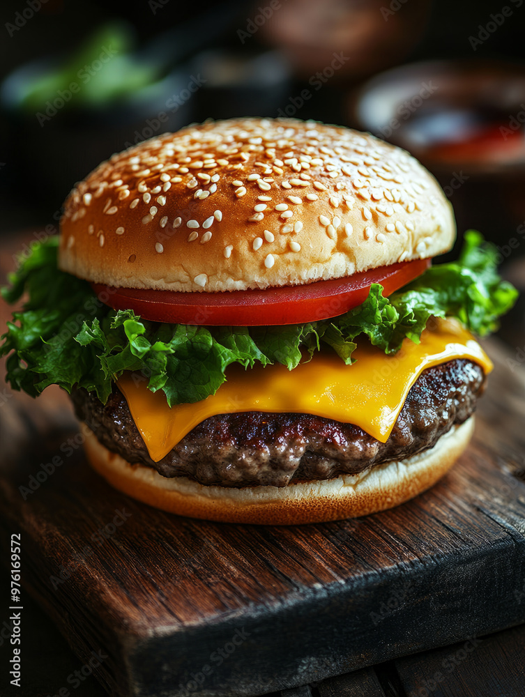 A close-up of a cheeseburger with lettuce, tomato, and cheese. A close-up of a cheeseburger with lettuce, tomato, and cheese.
