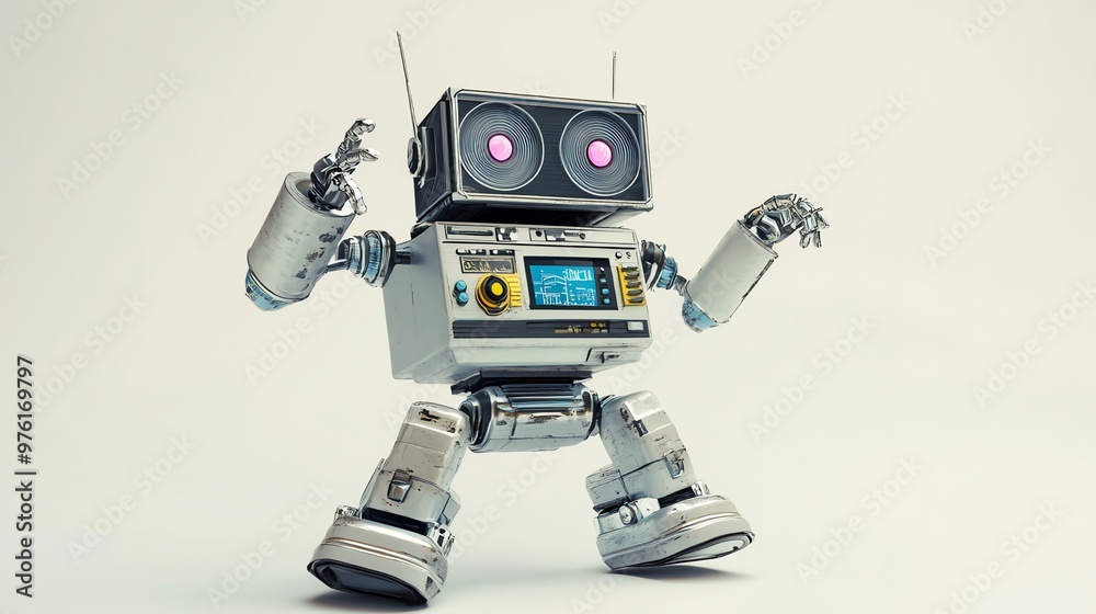 A retro-style robot with a boombox for a body dances with its arms outstretched. A retro-style robot with a boombox for a body dances with its arms outstretched.