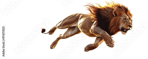 Powerful male lion leaping with flowing mane
