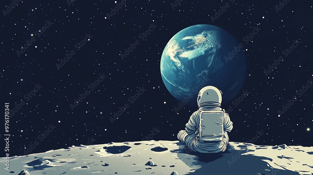 Obraz premium A lone astronaut sits on the moon looking at the earth in the distance.