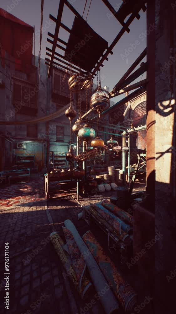 The golden hour casts a warm glow over an old market, highlighting the assortment of traditional goods. The golden hour casts a warm glow over an old market, highlighting the assortment of traditional goods.