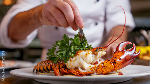 chef carefully plating a grilled lobster, garnishing it with parsley and a drizzle of sauce