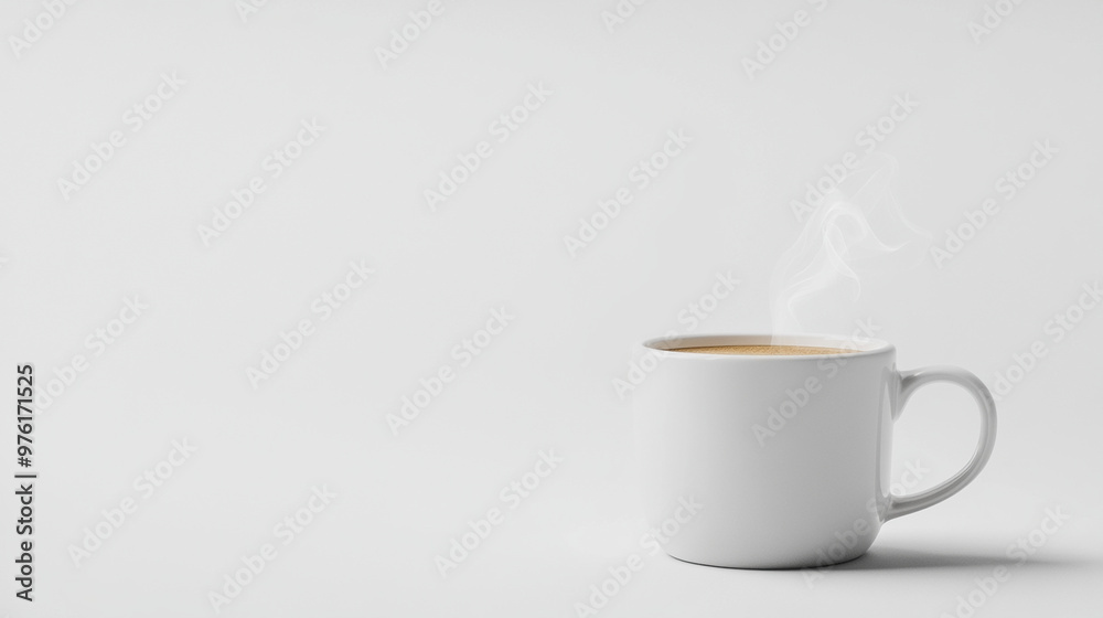 Freshly brewed cup of coffee in a white mug, steam rising from the cup, clean white background with natural light, simple and inviting. Freshly brewed cup of coffee in a white mug, steam rising from the cup, clean white background with natural light, simple and inviting.