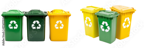 Set of a Three yellow and green trash cans with the recycling symbol on them, isolated on a transparent background.