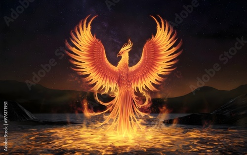 Golden Phoenix Emerges from Glowing Ashes, Lighting Up the Starry Night Sky