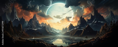 A surreal illustration of a landscape with upsidedown mountains in the sky