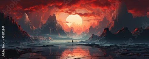 A surreal illustration of a landscape with upsidedown mountains in the sky