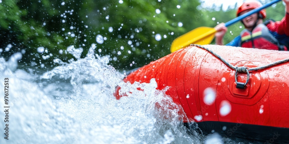 Naklejka premium An action-packed scene of a vibrant red raft navigating through turbulent whitewater rapids, with water splashing all around, capturing the excitement of rafting adventure.