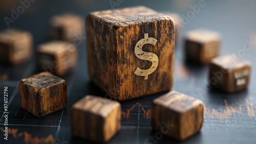 Wooden cubes with dollar symbols on a table depicting financial concepts.